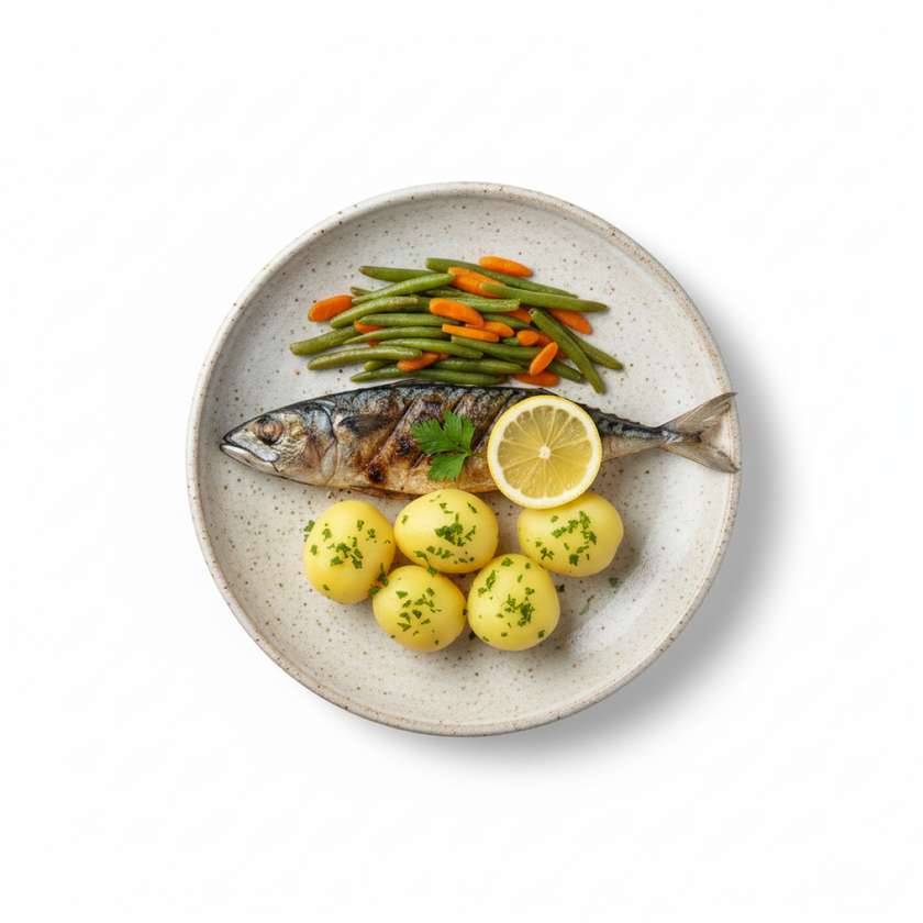 Mackerel with Boiled Potatoes and Vegetables