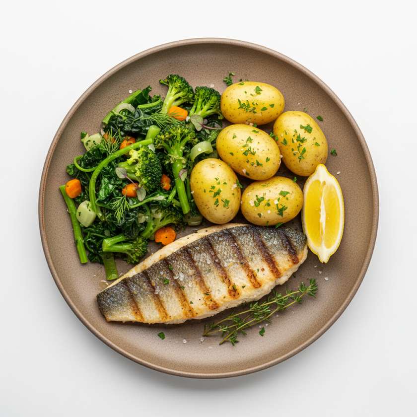 Sea Bass with Boiled Potatoes and Vegetables