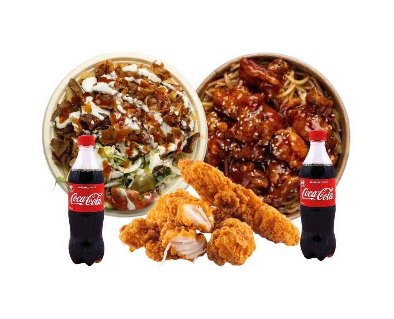 kebab plate + honey chicken with egg noodle+ 4 chicken strips + 2 big drinks