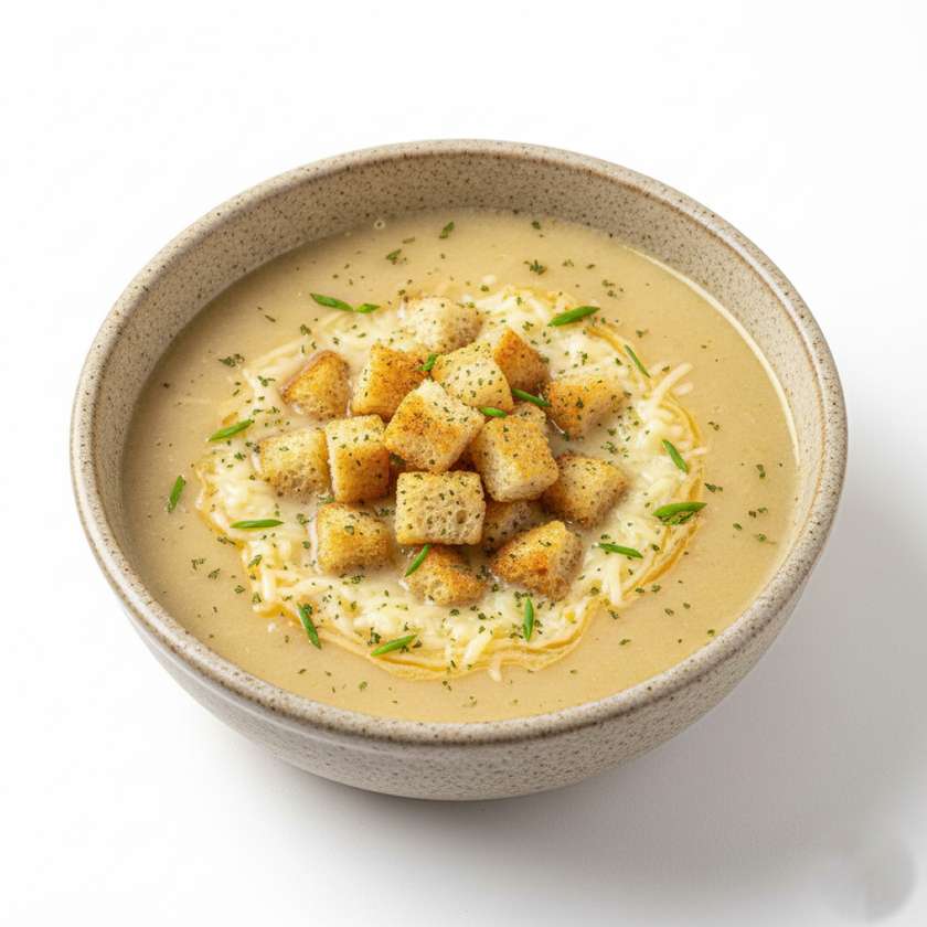 Garlic soup with cheese and toasted croutons