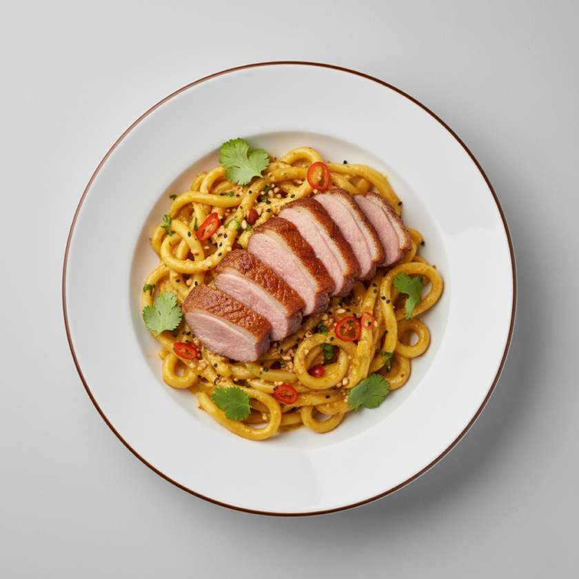 Crispy duck with Udon noodles in mango curry