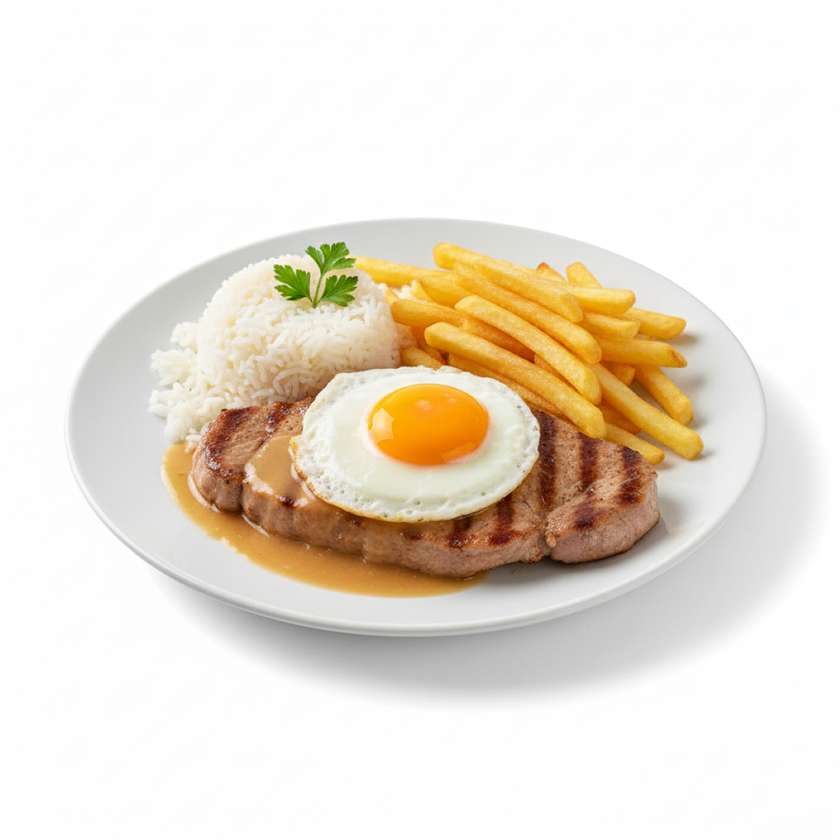 House Steak with Potatoes, Rice and Egg
