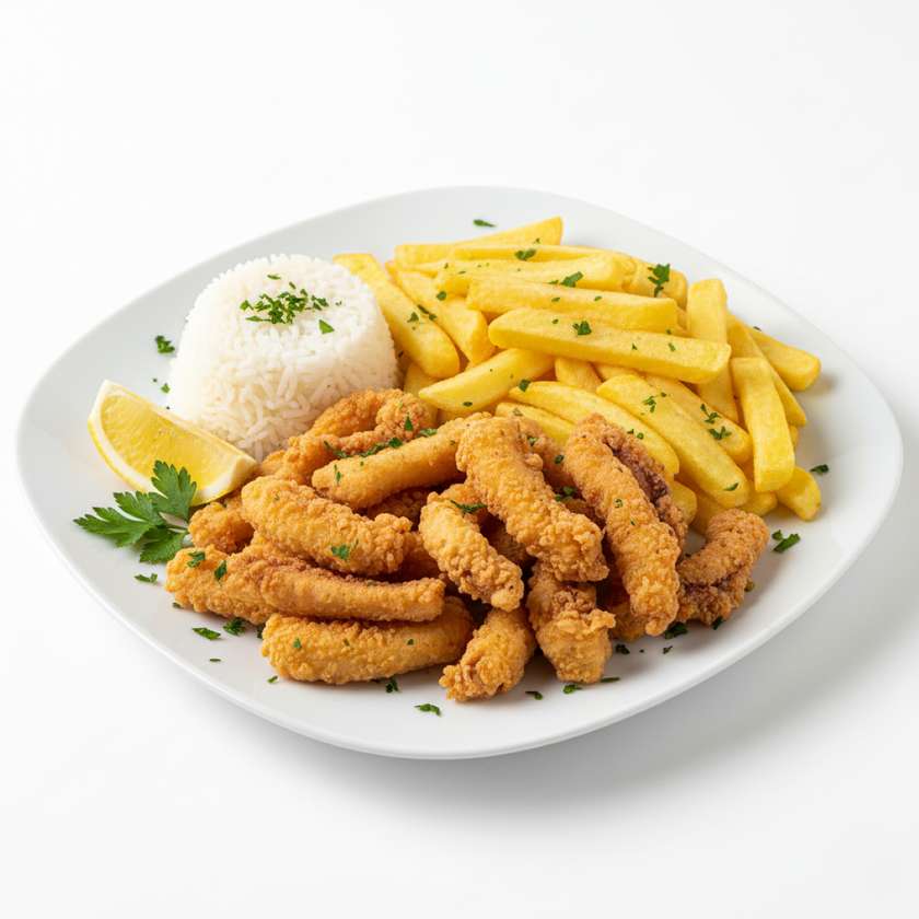 Fried Cuttlefish with French Fries and Rice