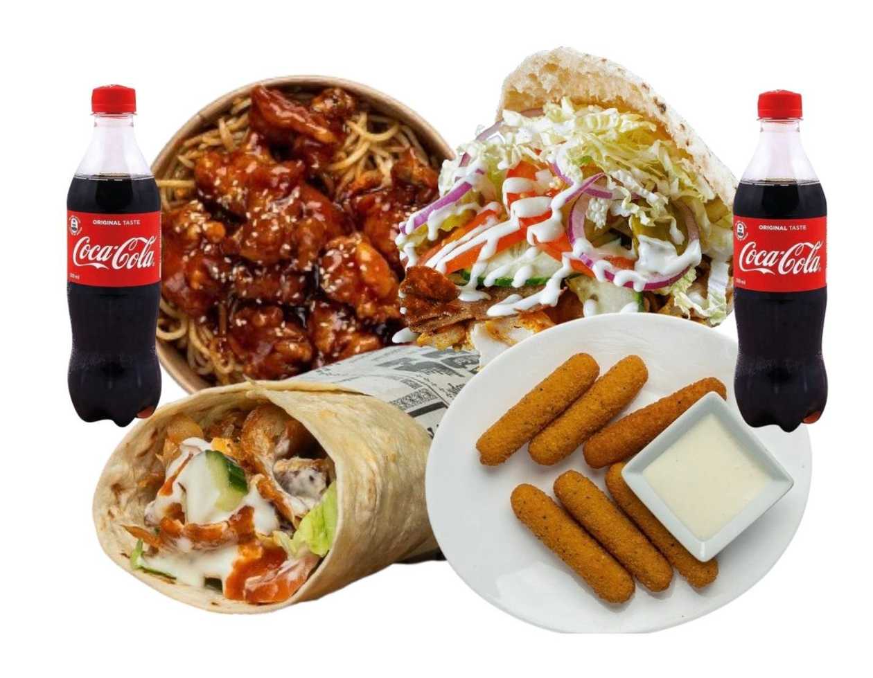 Honey Chicken Egg Noodles + Pita Kebab + Medium Kebab Wrap + 6 Mozzarella Sticks with Sauce + 2 Large Drinks