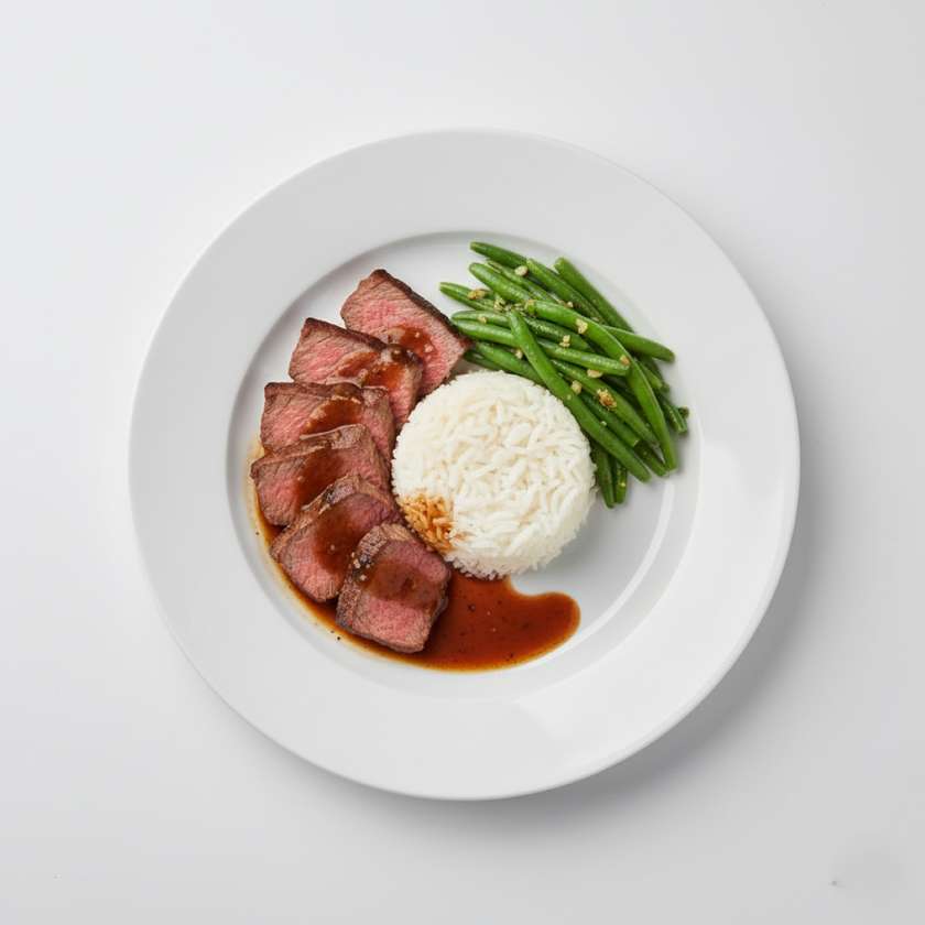 Stir-fried beef sirloin with green beans, rice