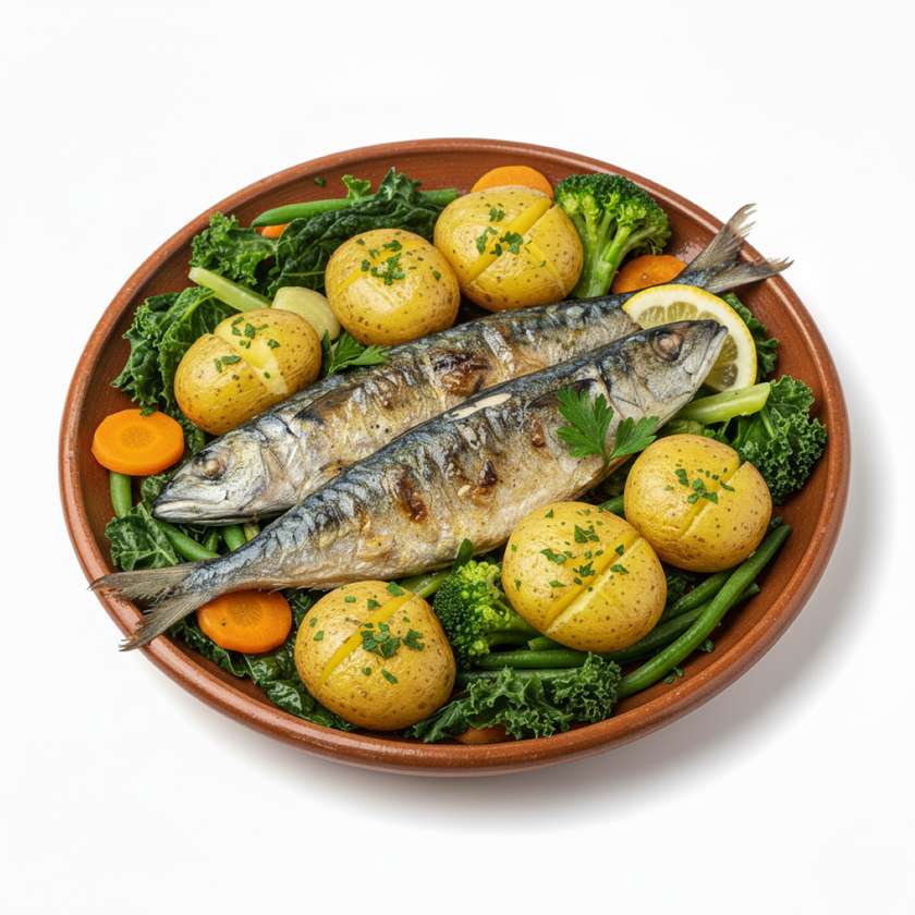 Horse Mackerel with Smashed Potatoes and Vegetables