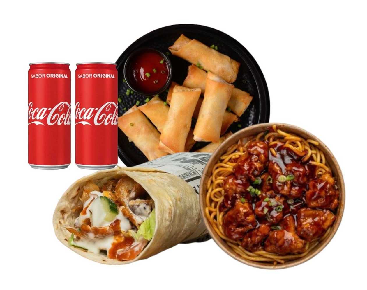 Medium Kebab Wrap + Chef Peking Chicken Wok Noodles 🌶️ + 8 Mini Spring Rolls with Sauce + 2 Small Drinks