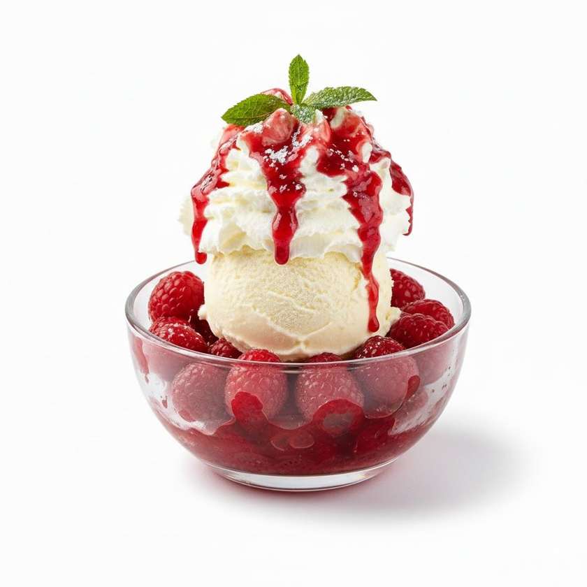 Hot Raspberries With Vanilla Ice Cream And Whipped Cream