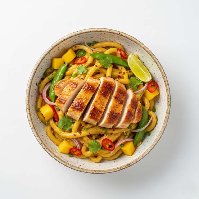 Crispy Chicken with Udon Noodles in Mango Curry