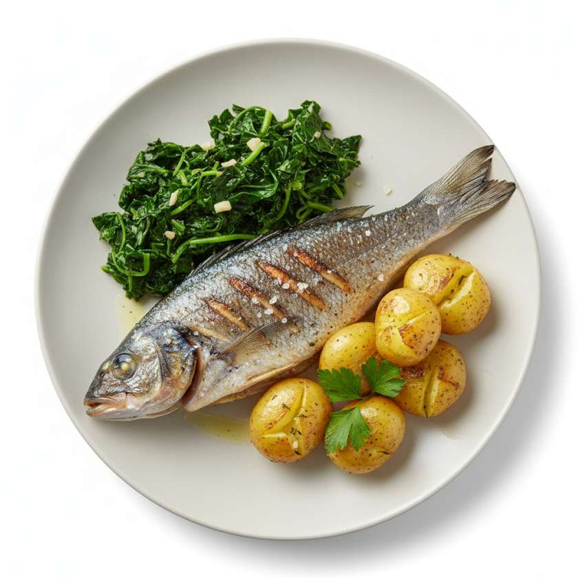 Stone Bass with Smashed Potatoes and Vegetables