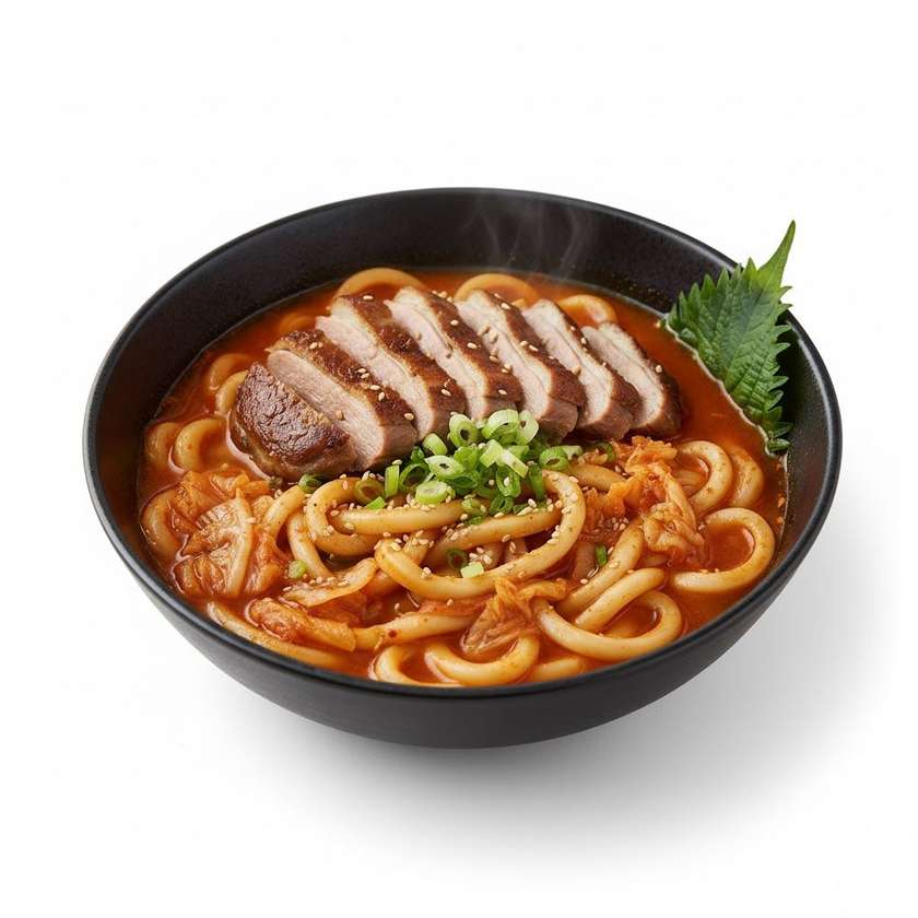 Kimchi udon noodles with grilled mock duck