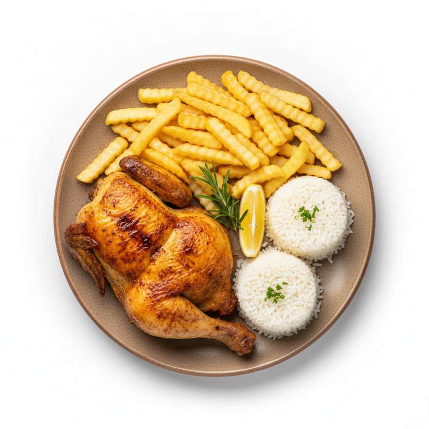 Roast Chicken with French Fries and Rice