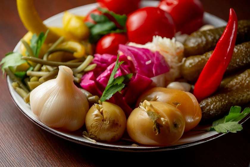 Large plate of Georgian homemade pickles