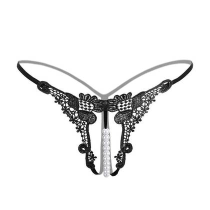 TINK Tattoo Lace Pearl G-String Black Open Panties, Size S/M