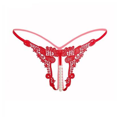 TINK Tattoo Lace Pearl G-String Red Open Panties, Size S/M