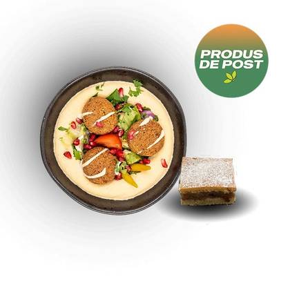 Falafel with Hummus 250g + Apple Pie 90g/piece or Still / Sparkling Water 0.5L