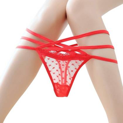 Hearts Lace String Thong Panties Red, Size S/M