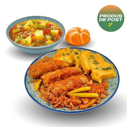 Lenten Menu: Vegetable Soup 350g + Bread Roll 50g + Lenten Sarmale 300g (3 pieces) + Mămăligă