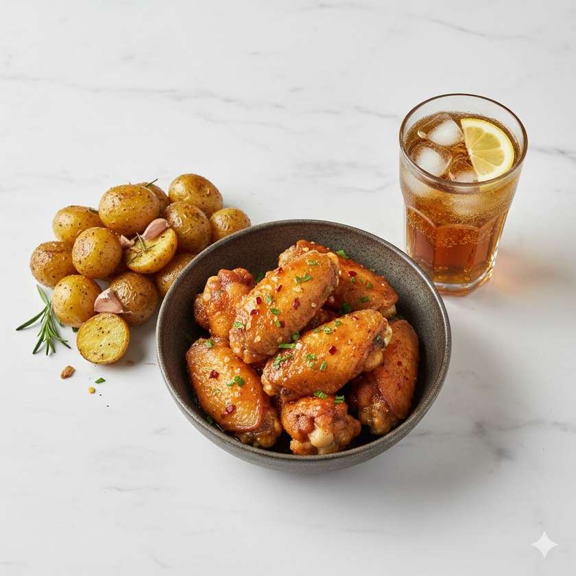 Asas de Frango com Batata e Bebida