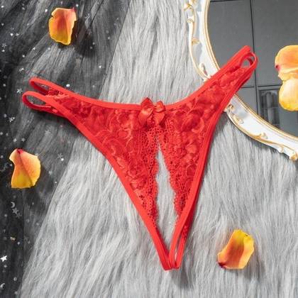 2-Way Lace String Red Panties with Open Crotch, Size S/M