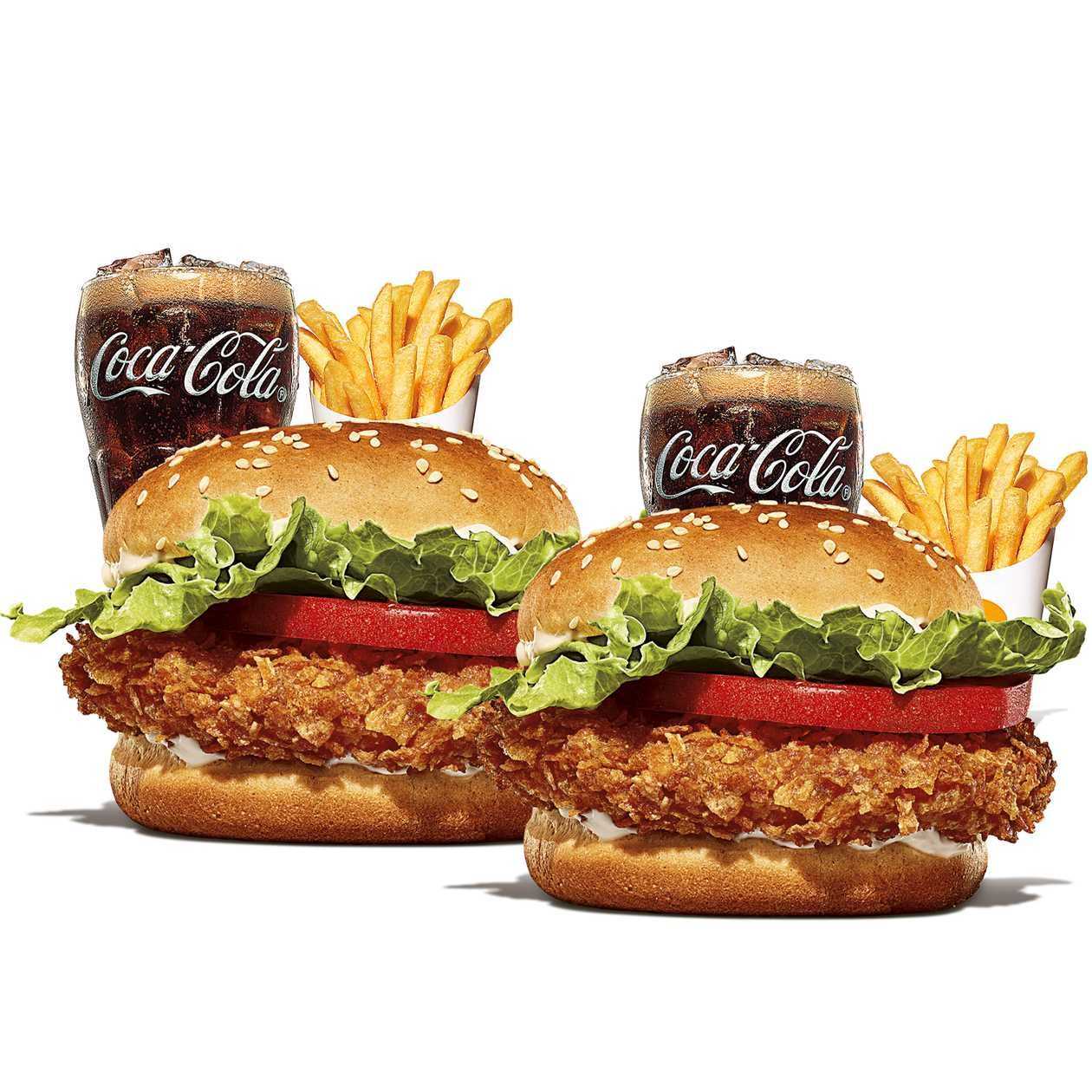 2 Crispy chicken burgers+ 2 small fries+ 2 free sodas(small)