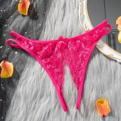 2way Lace String Rose Panties with Crotchless Design, Size S/M