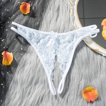 2-Way Lace String White Panties with Open Crotch, Size S/M