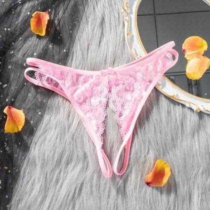 2-Way Lace String Pink Panties with Opening, Size S/M