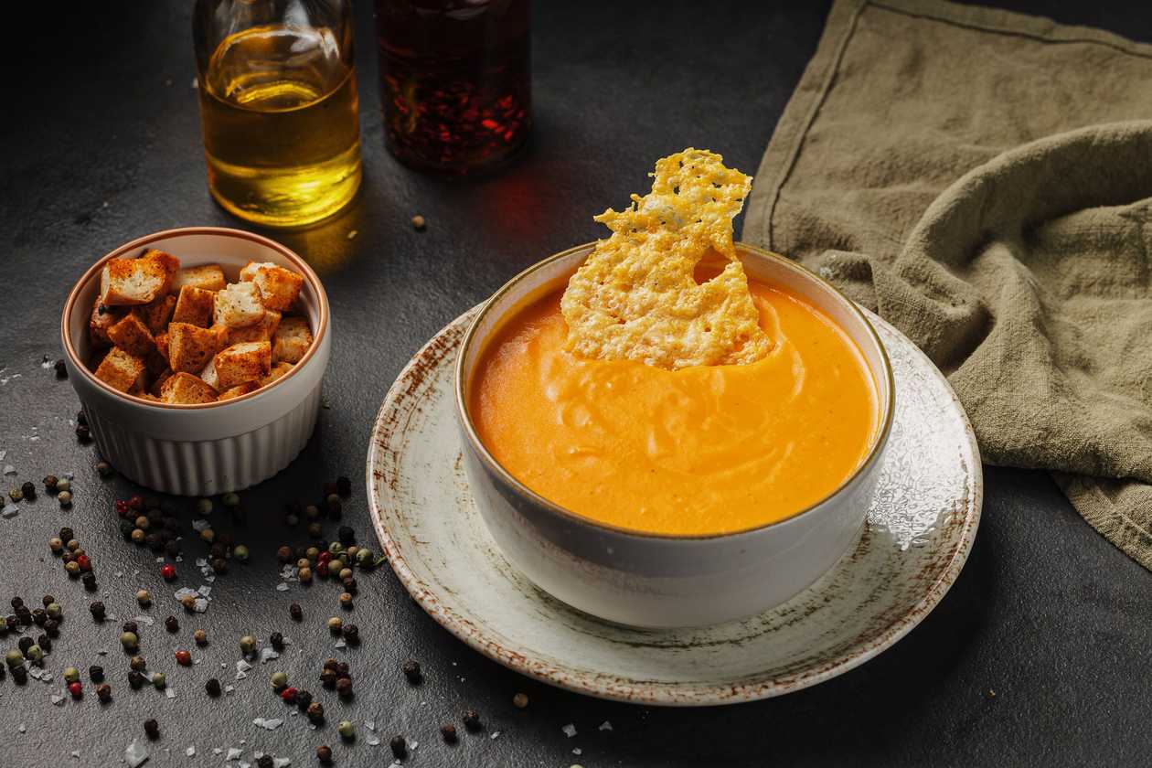 Creamy Vegetable Soup with Parmesan Chips and Croutons