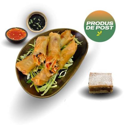 Vegetable Spring Rolls 3 pieces / 180g + Apple Pie 90g/ piece or Still / Sparkling Water 0.5L