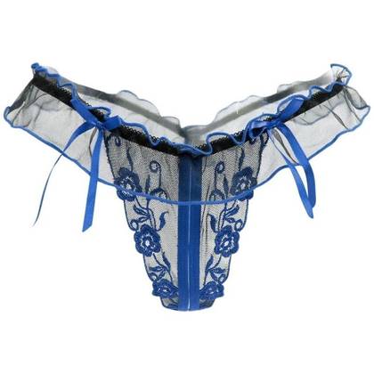 ZOBLUE Blue and Black Open Lace Thong, Size S/L