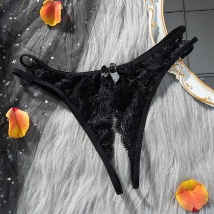 2-Way Lace String Black Panties with Open Crotch, Size S/M