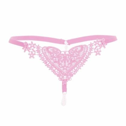 Women's Pearl String & Pink Lace Heart Thong, OS