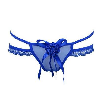 Blue Women's Thong Panties with Flower and Bow 075042501, Size S/L