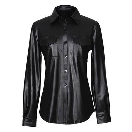 Wet-look Blouse, Black, G086, Women's Luxury Shirt, Size XL