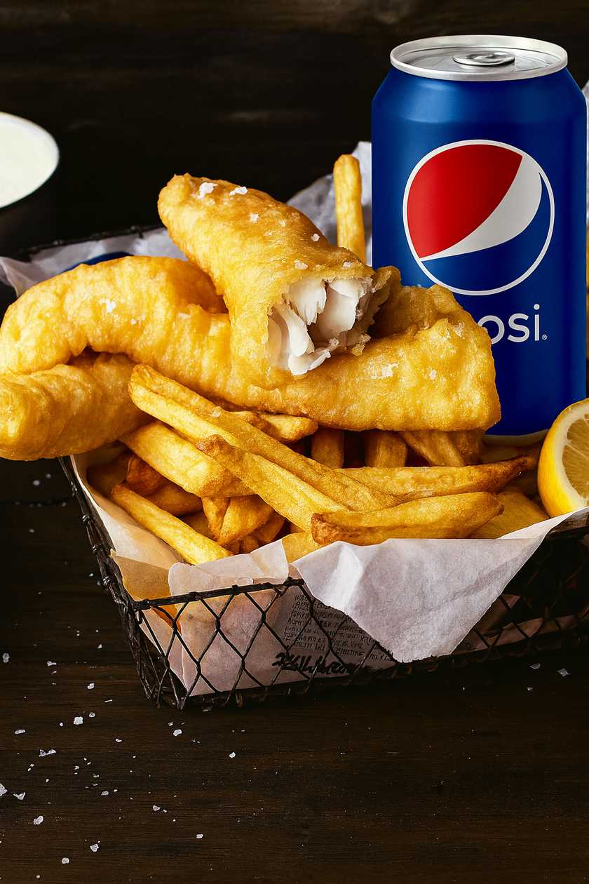 Fish and Chips Combo (with fries, sauce, and Pepsi)
