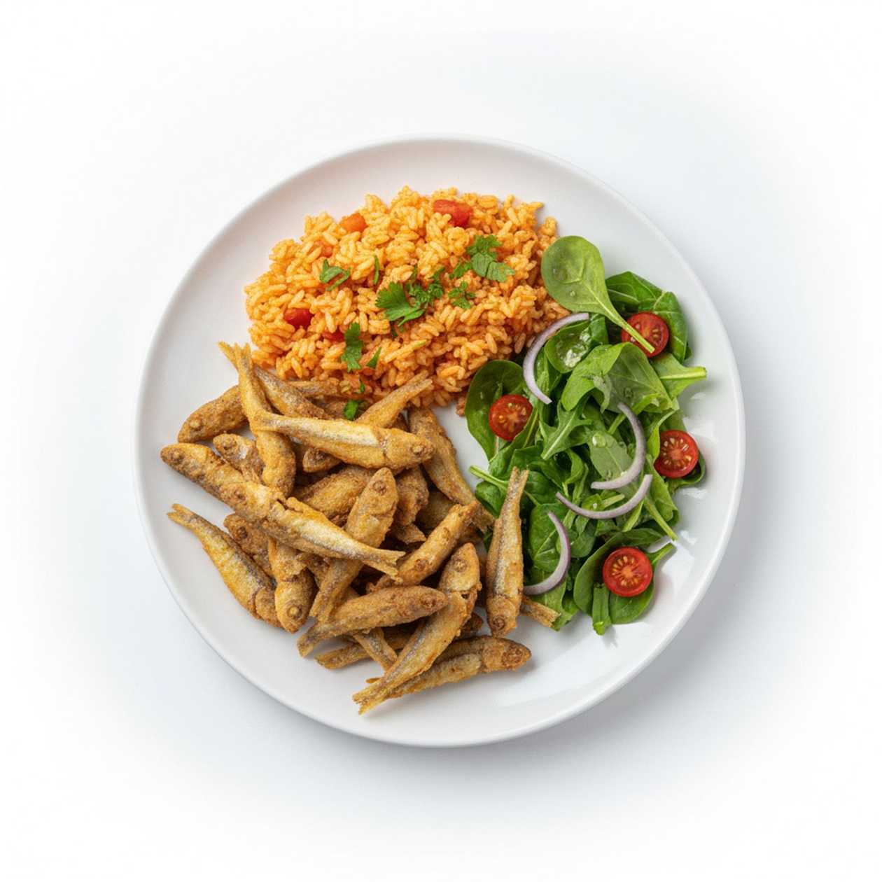 Small Fried Horse Mackerel with Tomato Rice and Salad