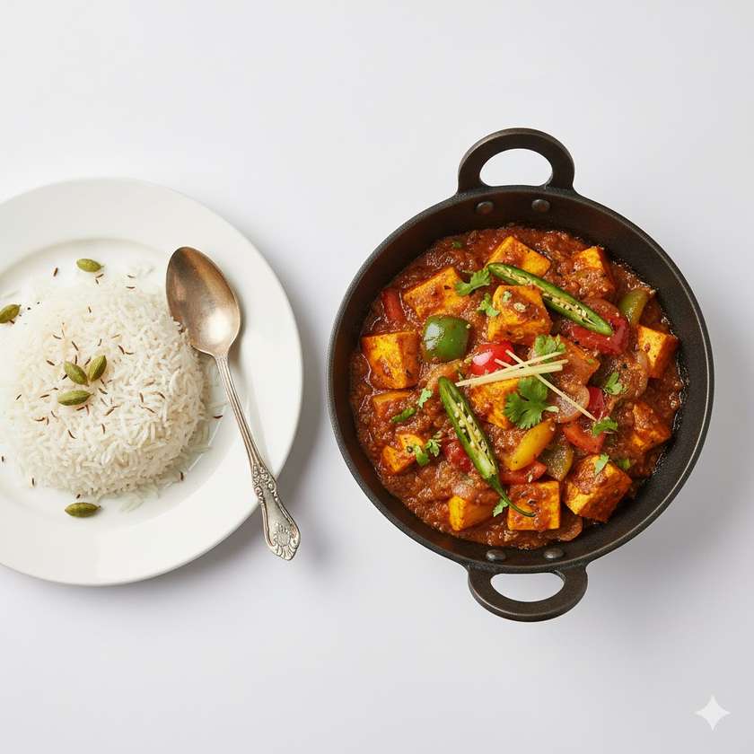 Paneer Karahi Vegetariano com Arroz