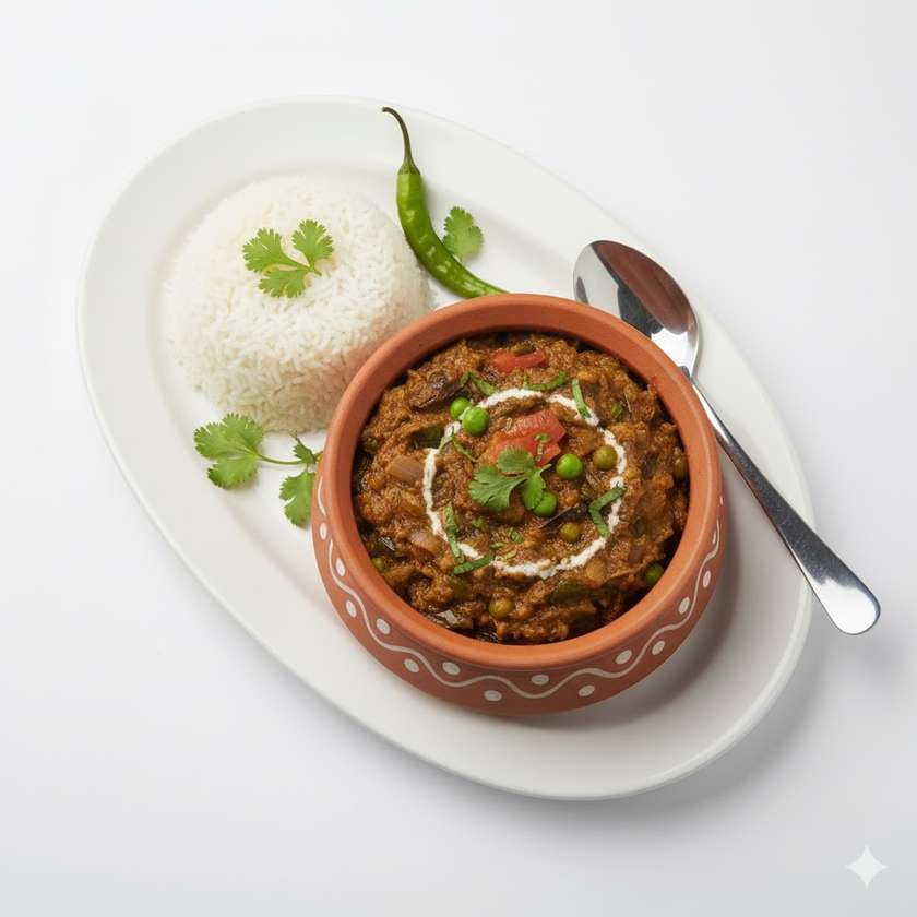 Baingan Bharta Vegetariano com Arroz