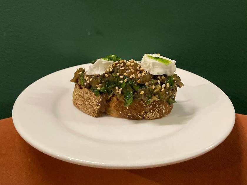 Tapas with eggplant, feta cheese and tahini