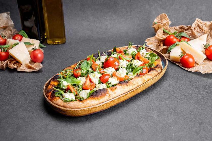 Pizzetti with Brined Goat Cheese Cream and Basil Pesto