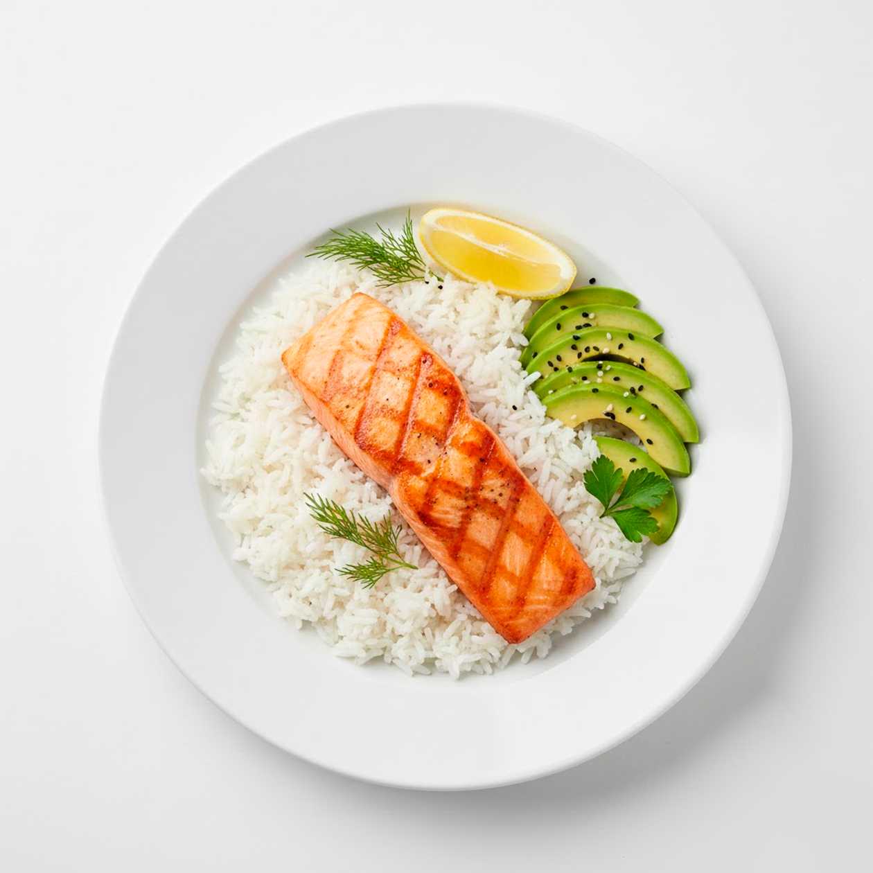 Grilled Salmon Steak with Rice and Avocado