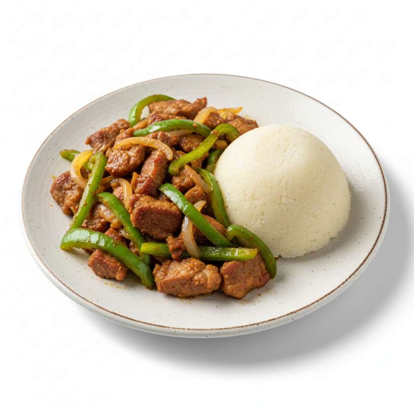Pork dry fry with Green Pepper served with ugali