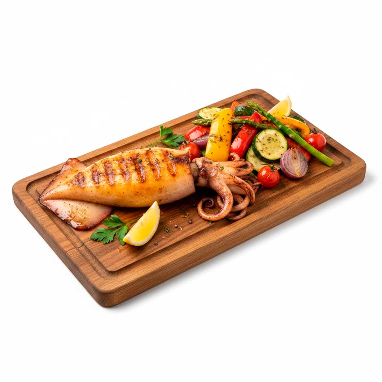 Whole squid with vegetables on the hob