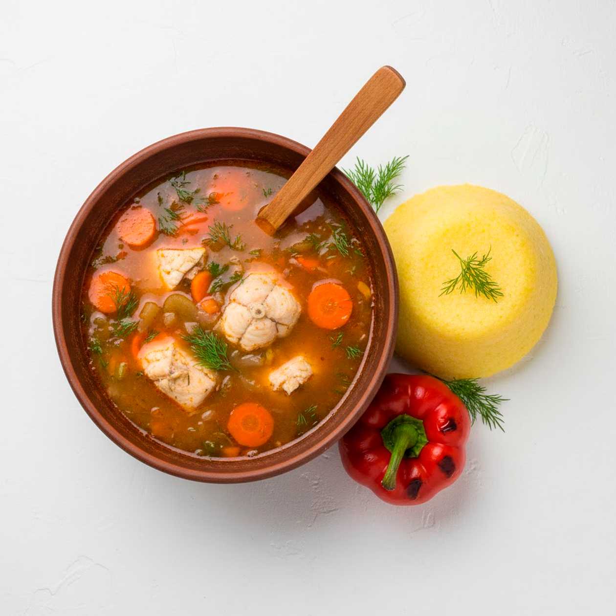 Fishing borscht with polenta and pepper