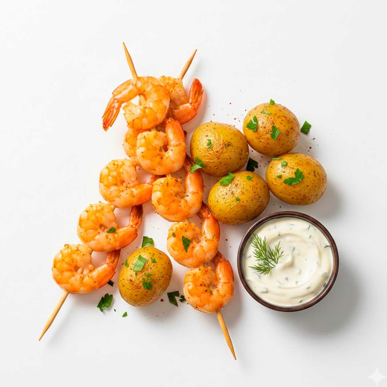 Peeled shrimp skewers with potatoes and aioli sauce