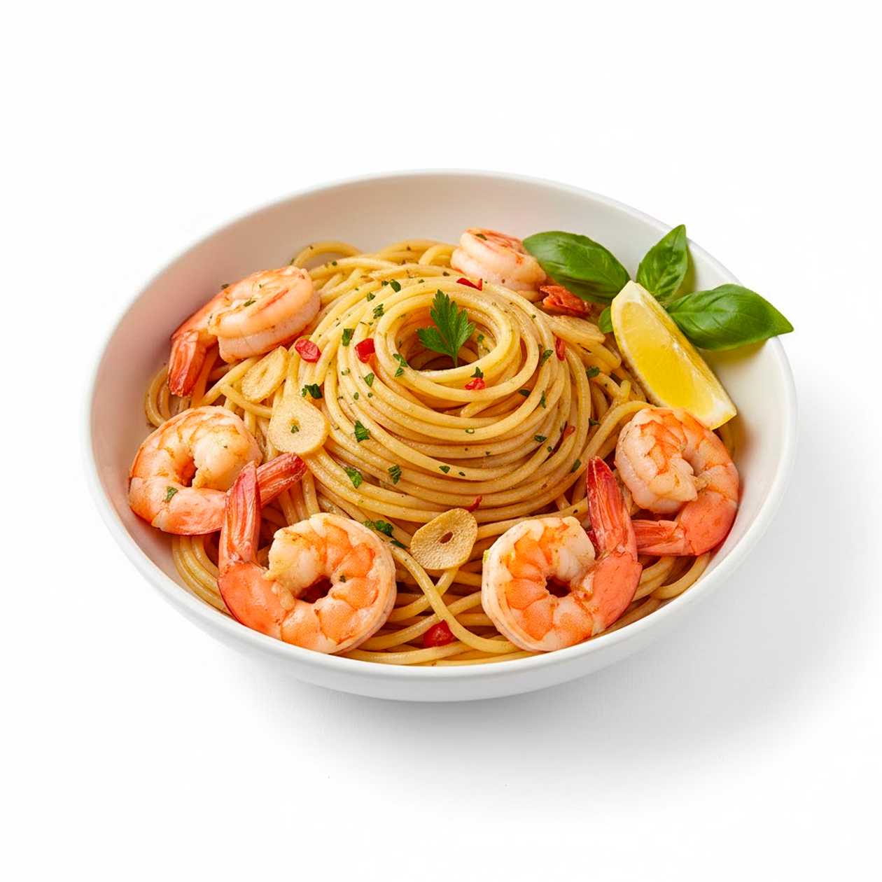 Spaghetti aglio olio and prawns