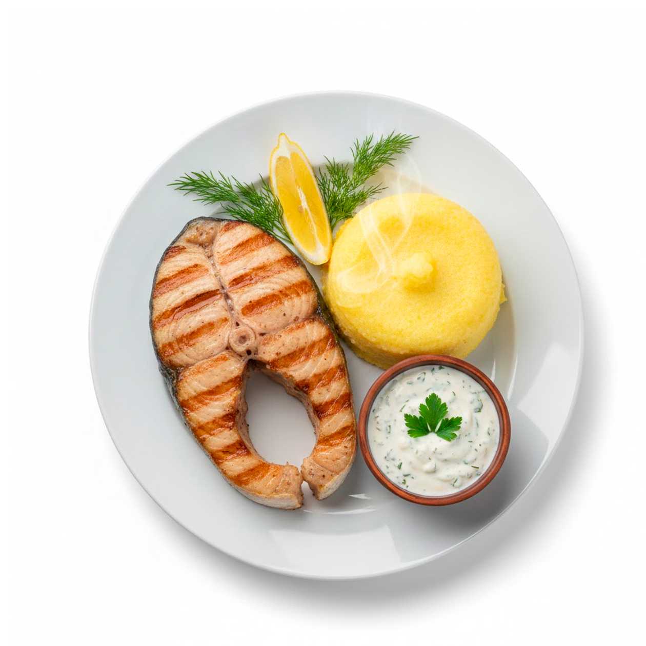 Shark Steak with Polenta and Garlic Sauce