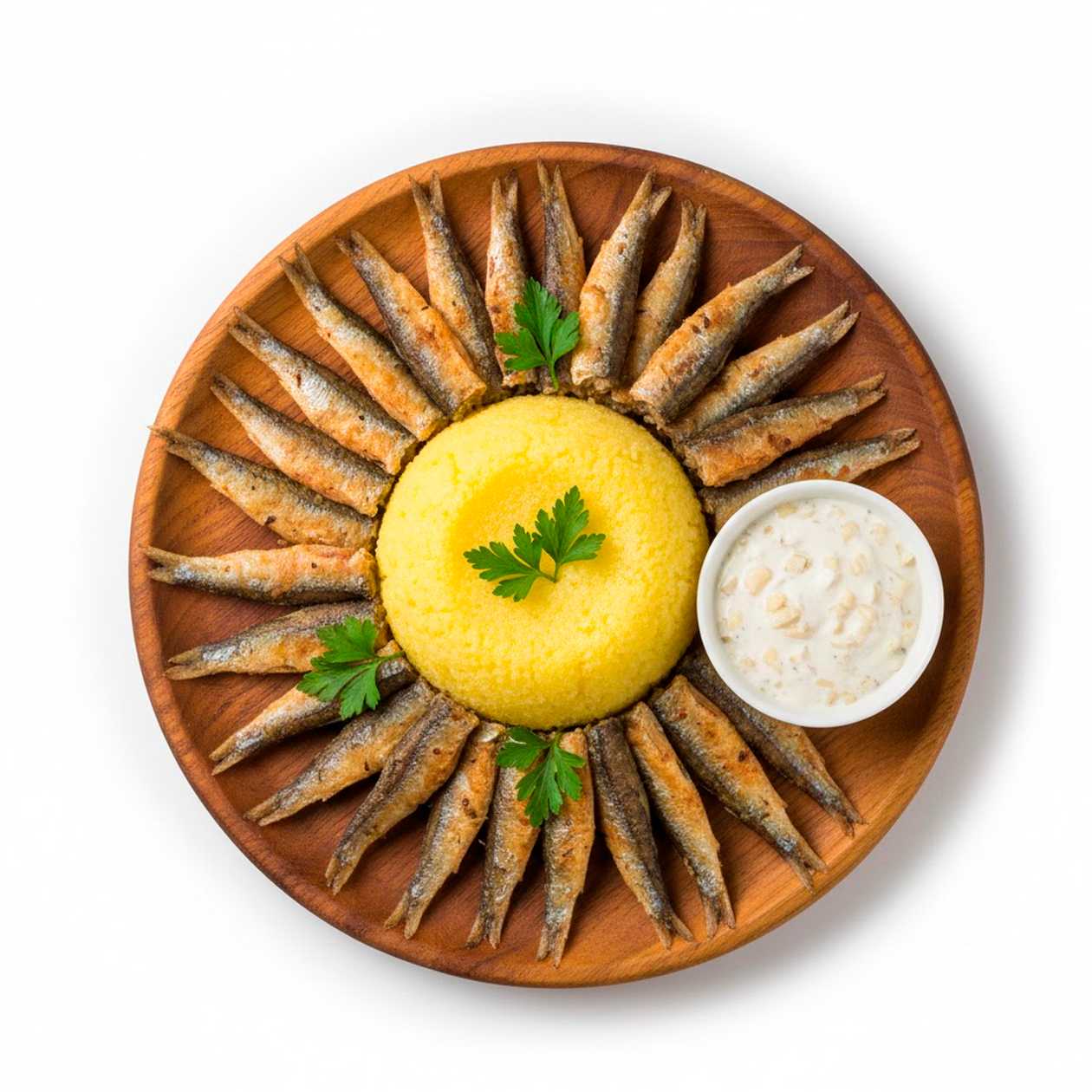 Anchovy with polenta and garlic sauce