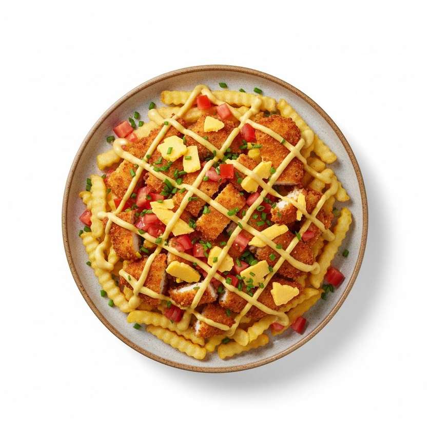 Loaded chicken fries (zapekané hranolky s kuracím mäsom)